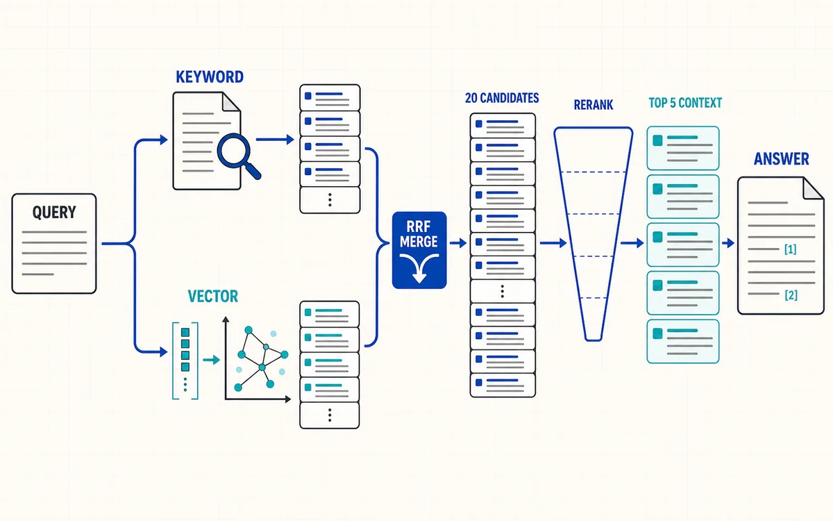 keyword search와 vector search 결과를 합친 뒤 reranking으로 필요한 문서만 고르는 과정