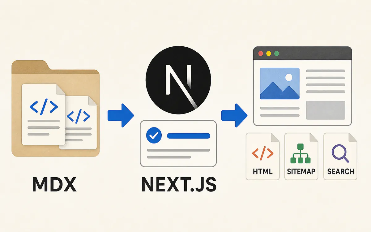 소스 파일이 build 엔진을 거쳐 정적 페이지와 검색, sitemap 구조로 나뉘는 과정